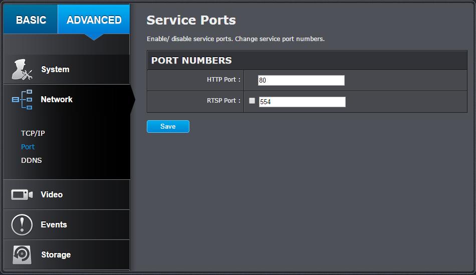 Port You can change the service port numbers of TV-NVR104 and enable/disable RTSP or HTTPS services.
