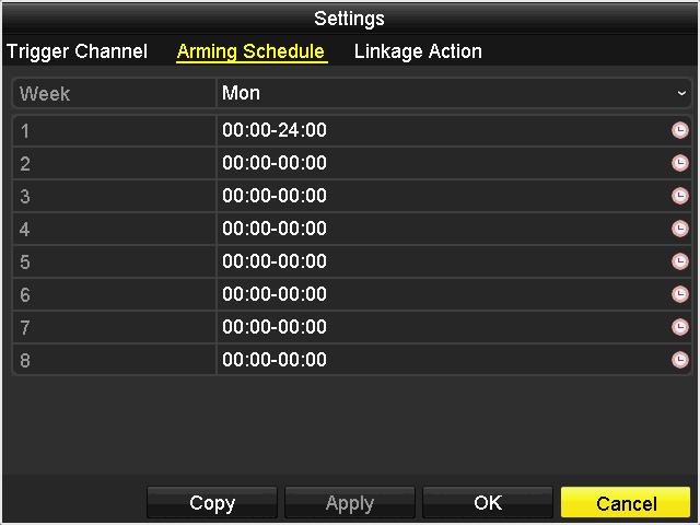 Arming schedule Copy to: To quickly setup the same schedule over the week, click Copy.