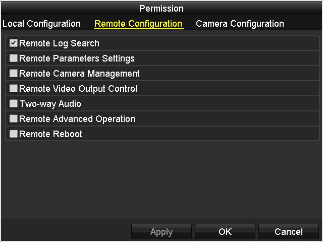 Permission: Local configuration Local Log Search: Search the NVR log with local login. Local Parameters Setting NVR with local login. Settings: Local Camera Manage cameras on NVR with local login.