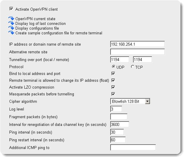 Configuration 5. Configure the further OpenVPN parameters according to the configuration of your OpenVPN server.