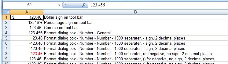Primer on Excel for Accounting, Page 93 In selecting numerical formatting Excel positions the right hand number in relation to the edge of the cell appropriate for the formatting selection as to how