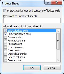 The Protection worksheet has had the cells round cells Y560 and Y561 formatted to Locked and Hidden through the Protection tab of the Format Cells dialog box which is brought up by right clicking a
