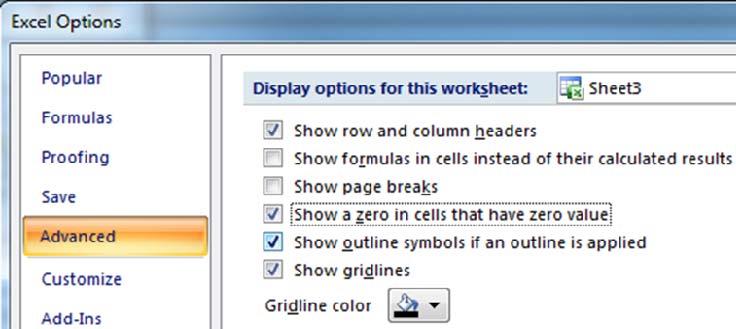 Displaying Zero Values Chapter 11, Page 84 The Show a zero in cells that have a zero value option is in the Display options for this worksheet section of the Advanced tab of the Excel Options which