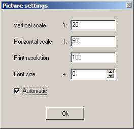 Output settings dialog allows adjusting vertical scale and horizontal scale, outbound image resolution (in DPI), and font size.