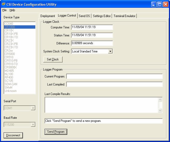 OV3.3 Logger Control Tab The clock in the PC and the datalogger will be checked every second and the difference displayed.