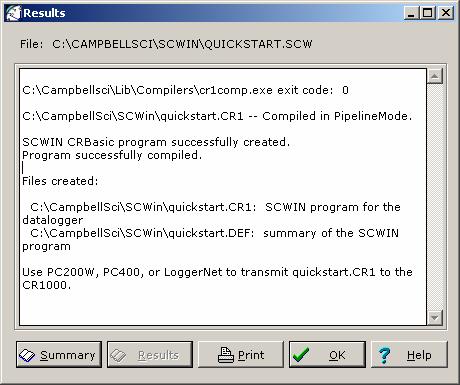 Any errors the compiler may have detected are displayed, along with the names of the files that were created. The file QuickStart.