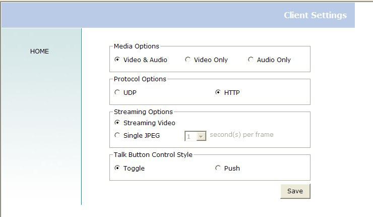 Client Settings There are four settings for the client side. Media Options - For the User to determine whether to receive video, audio or both.