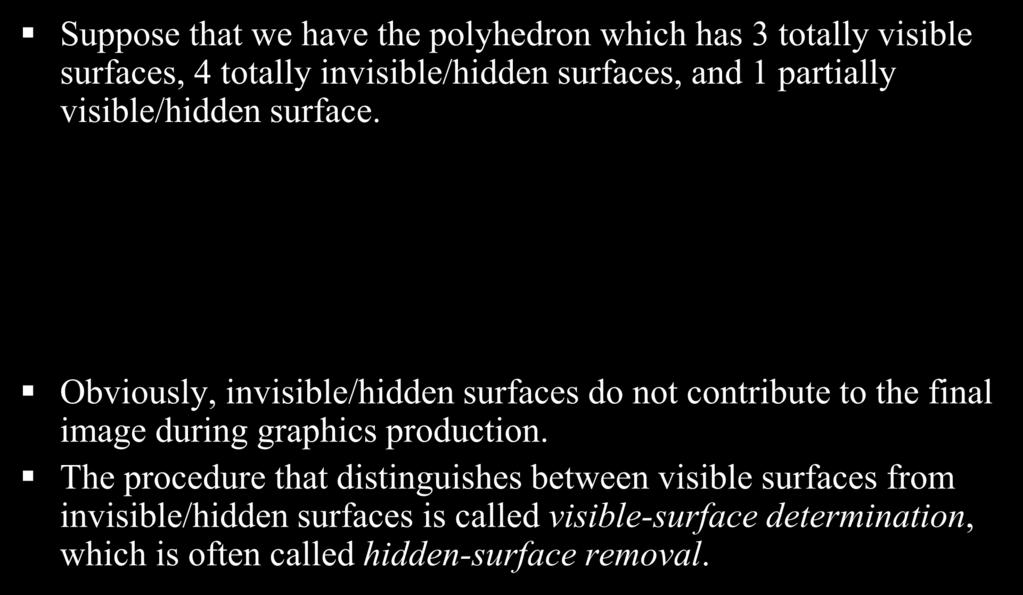 Motivation Suppose that we have the polyhedron which has 3 totally visible surfaces, 4 totally invisible/hidden surfaces, and 1 partially visible/hidden surface.