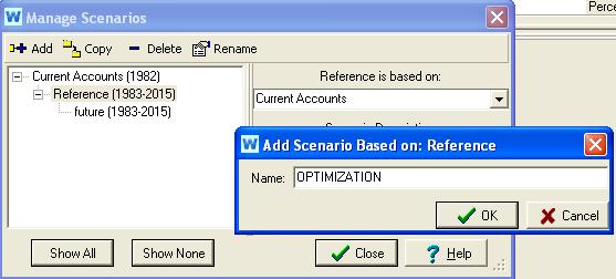 Creating an optimization scenario The first step to visualize the optimization results in WEAP is to create a new scenario based on the Reference scenario, as shown in the next