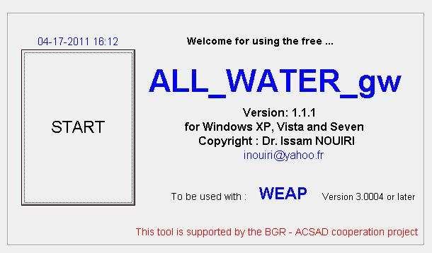 Figure 1: The welcome screen of ALL_WATER_gw software.