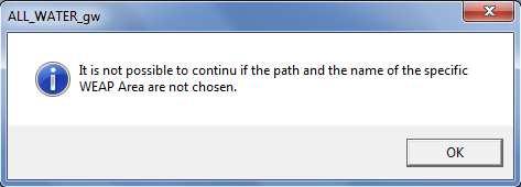 If the user doesn t accept also this option, by clicking on the Cancel button of the previous dialog box, ALL_WATER_gw informs the user that it is not possible to continue if the path and the name of