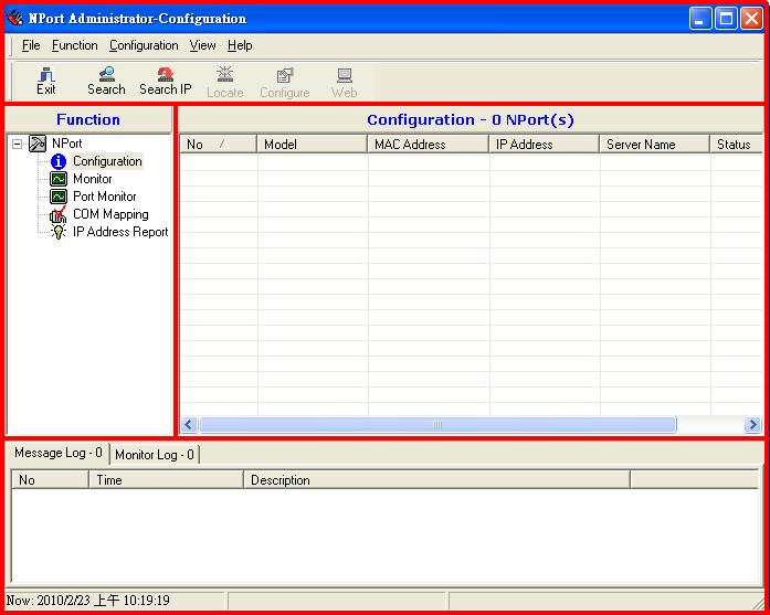 Configuring NPort Administrator Configuration The Administrator-Configuration window is divided into four parts. The top section contains the function list and online help area.