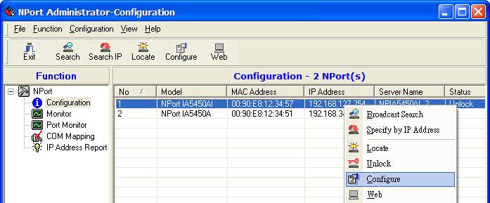 Configuring NPort Administrator 2. Unlock the NPort IA5150A/IA5250A you wish to configure if it is password protected.
