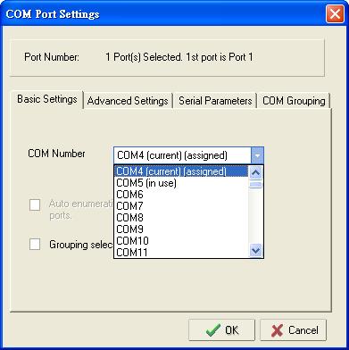 Configuring NPort Administrator 6. Select the COM Number. COM ports that are In use or Assigned will also be indicated in this drop-down list.