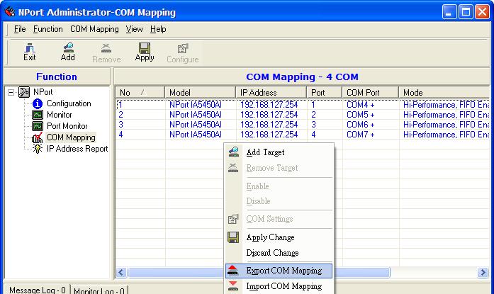 Configuring NPort Administrator 10. To save the configuration to a text file, select Export COM Mapping.
