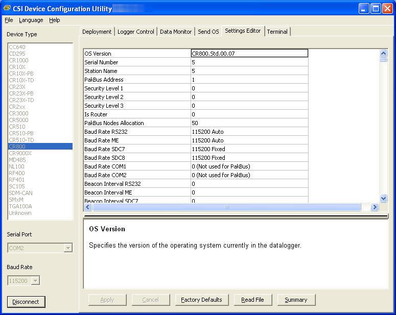 CR800 and CR850 Overview OV3.5 Settings Editor Tab The CR800 has a number of properties, referred to as settings, some of which are specific to the PakBus protocol.