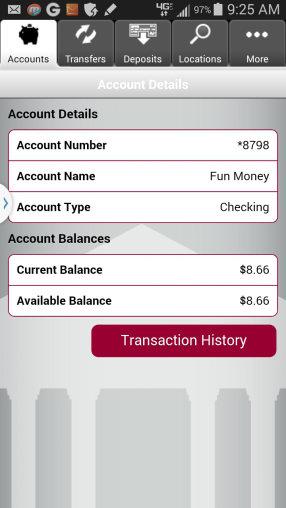 page appears View Account Details and Transaction History 1) Tap