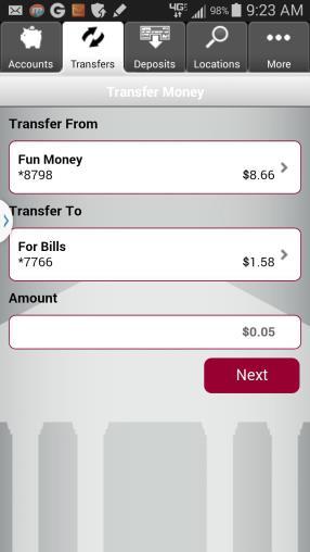 Transfer Funds 1) Tap the Mobile Banking application icon and Log In 2) From the Main Menu,