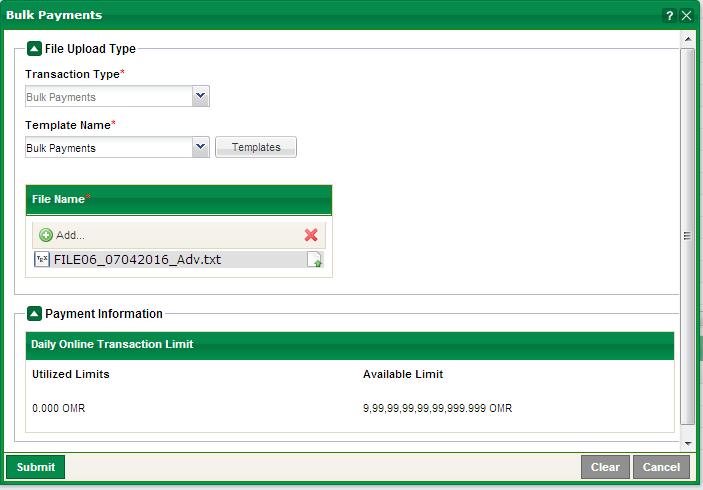 Module 5 File Uploads NBAD ibanking Payment module offers the following types of file uploads: a. Bulk Payments b.