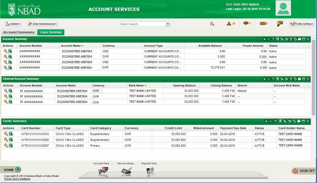 Module Account Services and Reporting Account Services is a Dashboard that is available in the NBAD ibanking that facilitates consolidated view of account, deposit, loan and card related details.