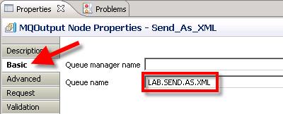 30. 31. If necessary, click the Basic tab. Set the Queue name to LAB.SEND.AS.XML. Queue names are case sensitive. It is a Best Practice to separate words in the queue name with a dot.