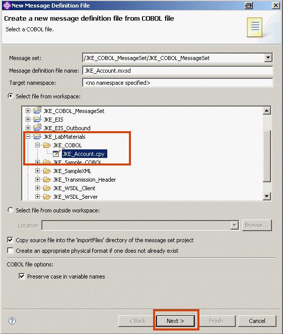 This panel allows you to identify the location of the definition to be imported. There are two options: The default is to search the files in the workspace.