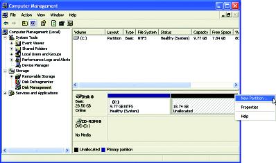 4. After the operating system is installed, right-click the My Computer icon on your desktop and select Manage (Figure 4). Go to Computer Management to check disk allocation.