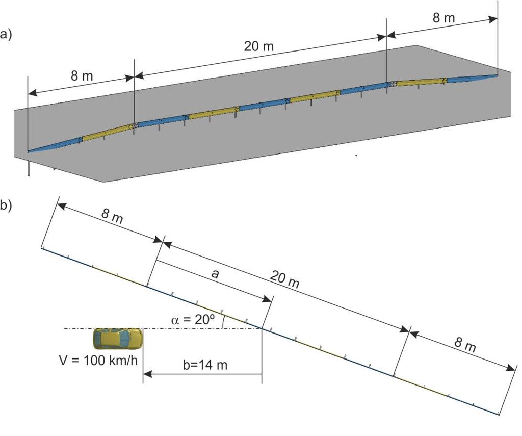 Fig.5: Short barrier a) overall view b) TB11 test aerial view with basic angle and dimensions marked. 4.2 General results Results of 31 simulations have been collected in Table 2: and in Fig.6:, Fig.