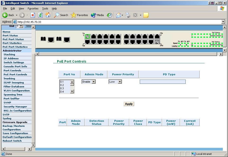 5. To configure POE settings at the port level, click PoE Port Controls in the left hand
