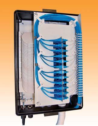 Each splice tray accommodates 2 splices and pigtails for customer segregation, and the hinged adapter panel provides easy access to the splice trays.