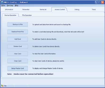 6. Assess Control settings Device Operation This page includes all the Card operations in the device: Backup to File, Restore
