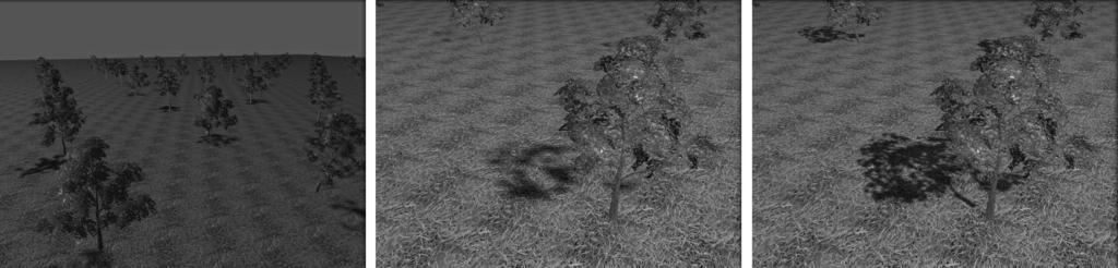 Fig. 7. Example of the large outdoor scene with the uniform shadow maps (Left) with close-up on a single tree (Middle) and IPSM (Right).