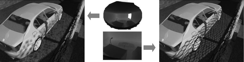 Fig. 2. Small outdoor scene with hemispherical light source and 1024x1024 paraboloid shadow map (Left). Same scene with improved paraboloid map of the same size (Right).