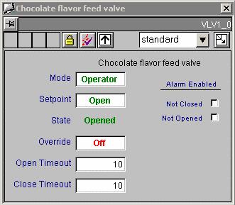 3.18 505_VLV1 Standard View The standard view for the 505_VLV1 faceplate displays information on Mode, Setpoint, Status, Override, and alarm settings. Description Type Tag Description Static Text.
