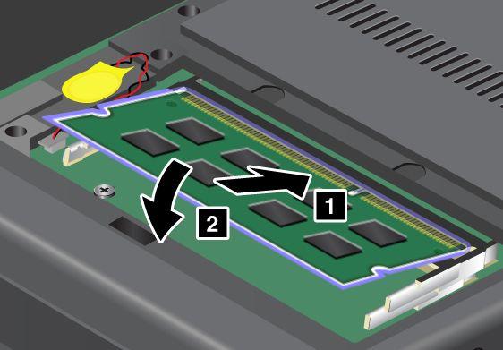 7. With the notched end of the memory module toward the contact edge side of the socket, insert the memory module 1 into the socket at an angle of about 20 degrees; then press it in firmly 2.