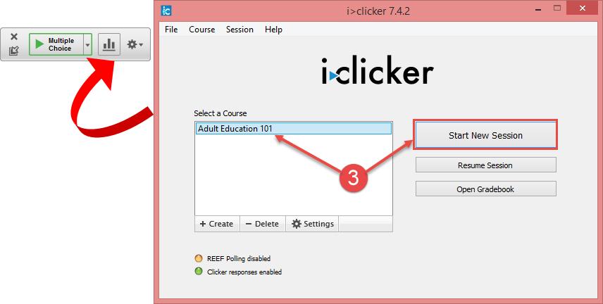 Follow the instructions below to conduct a polling session: 1) Plug in your base. 2) Double click the iclicker icon in your iclicker-7.4.2-win or iclicker-7.4. Mac folder.