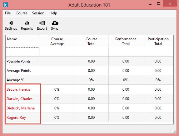 Now if you open the gradebook, you should see your students names appearing in red like in the screenshot that follows: If you have conducted one or more voting sessions before creating the roster