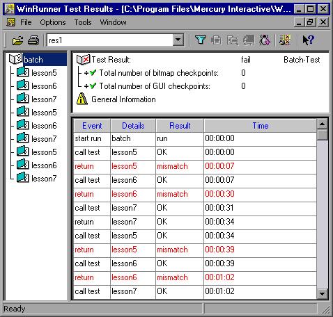 Lesson 9 Creating Batch Tests 2 View the results of the batch test. Displays the current test results name. The test tree shows all the tests called during the batch test run.