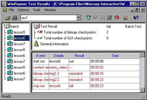 Lesson 9 Creating Batch Tests 3 View the results of the called tests. Select a test name in the test tree to view the results of a called test. Displays the current test results name.