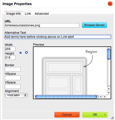 required when including a link in the Image Zone edit screen. When adding a link to an Image in a Text Zone, remember to add copy to the Alternative Text field before clicking on Link tab.