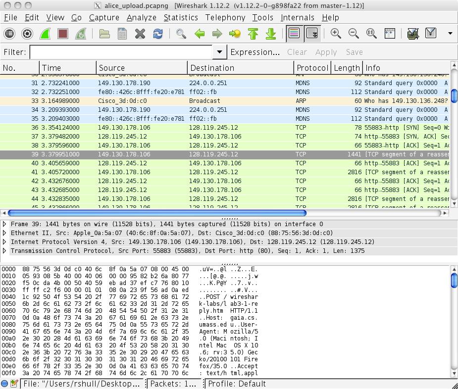 Figure 2: Wireshark capture of file upload. ber used by the client computer (source) that is transferring the file to gaia.cs.umass.edu?