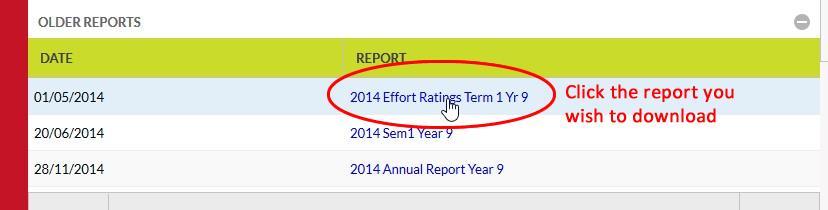 Click on OLDER REPORTS This will list all previous Academic Reports