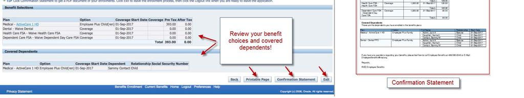 button to get a printed document documenting your selections. Click Exit to leave this screen.