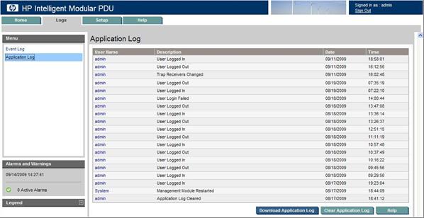 Application Log menu Click Application Log in the left navigation frame to display the Application Log screen.