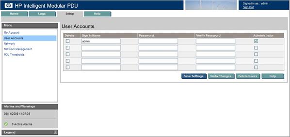 User Accounts menu Click User Accounts in the left navigation frame to access the User Accounts screen. This screen contains controls that enable administrators to manage user accounts.