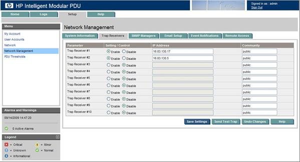 Trap Receivers tab This screen contains controls that enable administrators to enter information for servers that receive SNMP traps from the impdu. To configure which servers receive traps: 1.