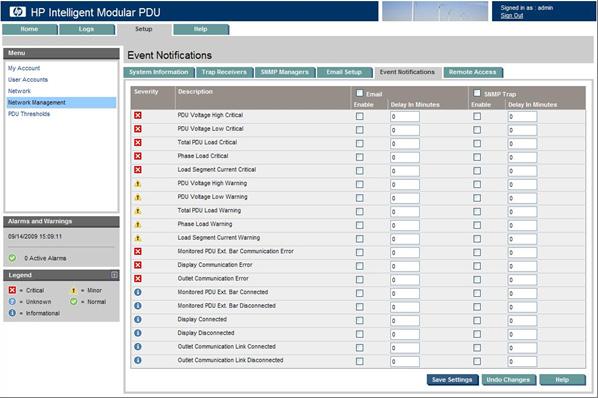 Event Notifications tab This screen contains controls that enable administrators to define the event notifications, emails, or SNMP traps the impdu sends for each event.