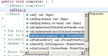 6. Enter code to fire the Complete event. Enter wdthis. and pause a moment and then you will see the code completion window.