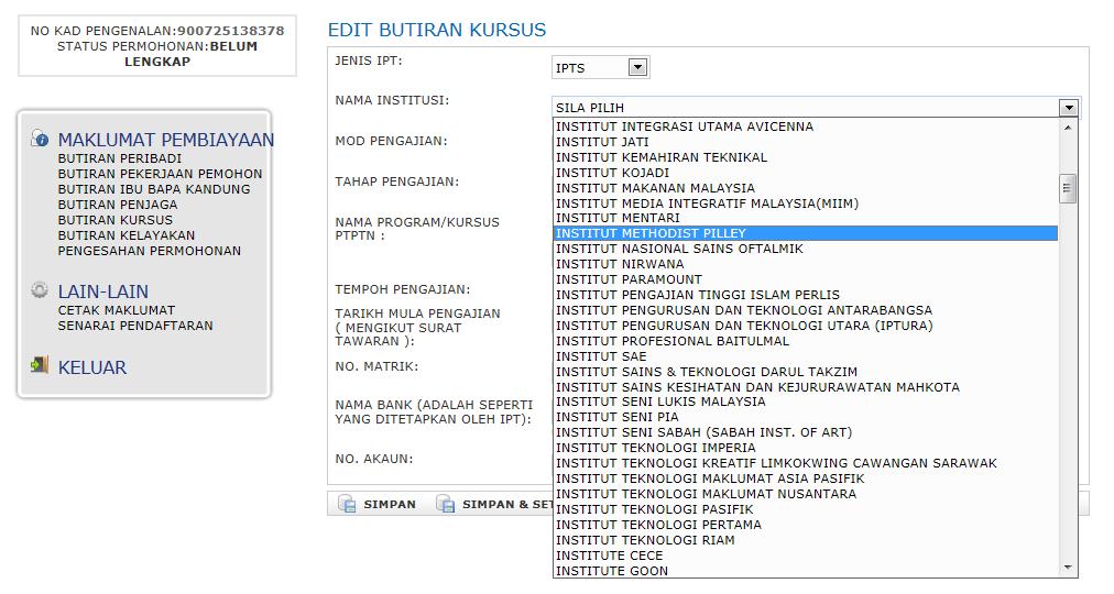 5. Fill in Butiran Kursus If you are a degree student, you must choose