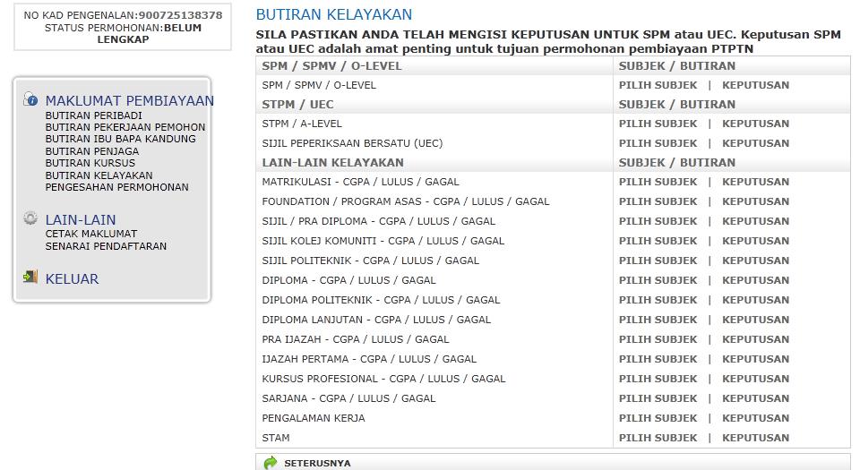 6. Fill in Butiran Kelayakan Fill in the academic